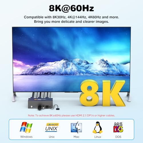 Image of 8K HDMI+Displayport KVM Switch 3 Monitors 2 Computers 8K@60HZ /4K@144HZ USB3.0 KVM Switcher 2 Ports for 2 PC /Laptop Sharing Keyboard&Mouse and 2 Screens, Wired Controller Included,EDID Adapative