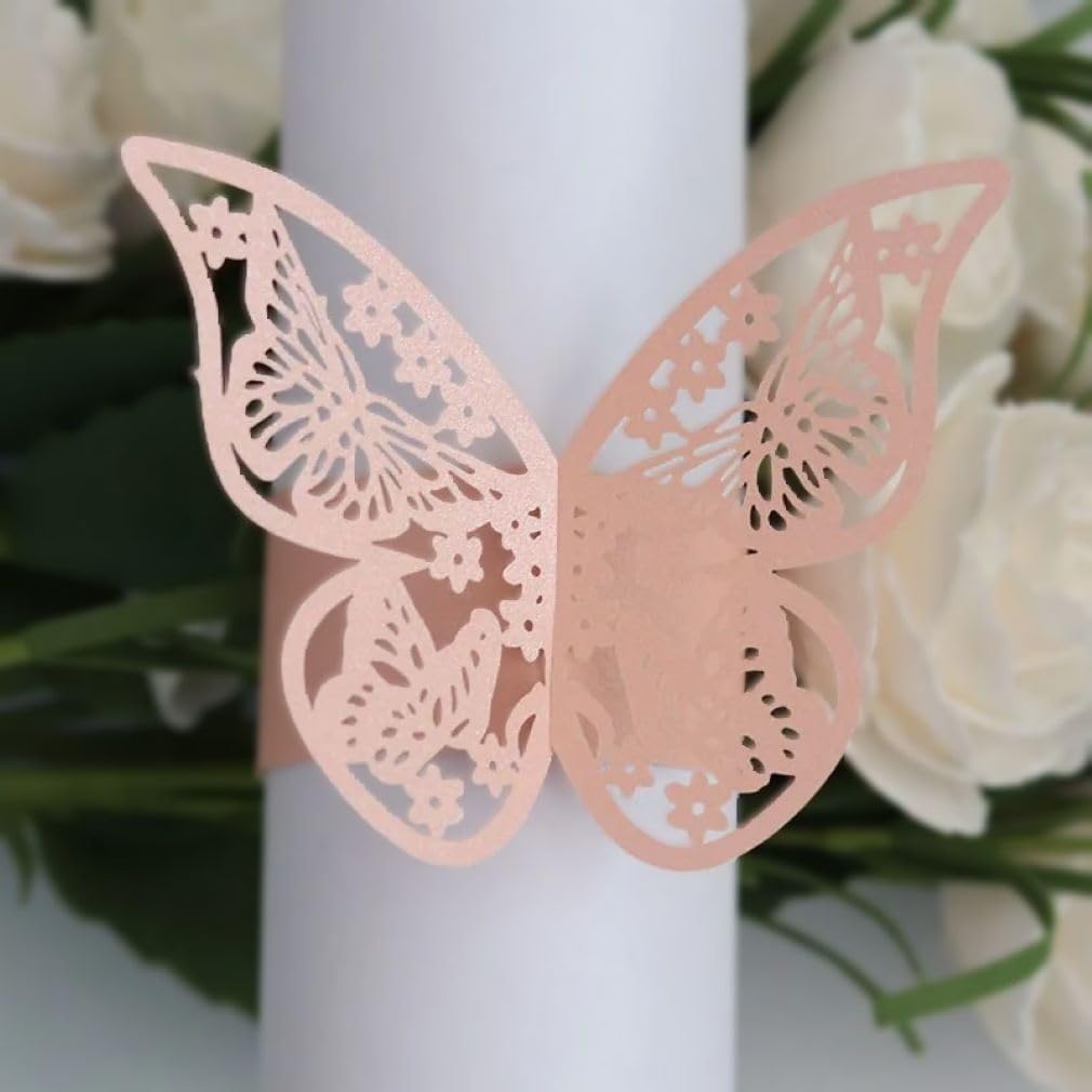 Laser Cut Paper Butterfly Napkin Rings Wedding Party Table Decoration-Various Colors-24 Pcs (Pink)