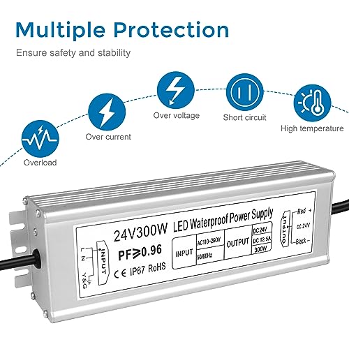 Image of LED Driver 300W 24V Power Supply, IP67 Waterproof Low Voltage Transformer, AC 110-260V to DC 24V 12.5A Converter for Outdoor Landscape Lighting, LED Strip Lights, 3-Prong Plug with 3.3FT Cable