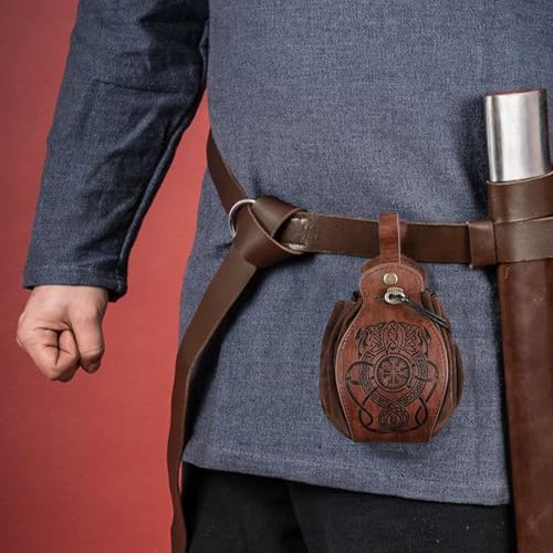 Image of Leather Belt Pouch Medieval Vintage Renaissance Viking LARP Cosplay Costumes Drawstring Coin Purse Phone Holder Waist Bag (Dragon)