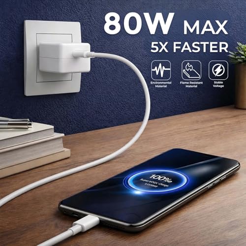 Image of 80 W SuperVOOC 6 A 80 Watt -VOOC, Dart, WARP, Dash Adapter with White Type-C Cable Charging Adaptor Travel Fast Charger with Detachable Cable (White, Cable Included)
