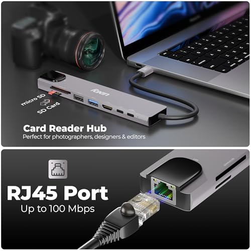 Image of Foxin 8-in-1 Type C Hub, 100W PD Charging, Aluminium Multiport Adapter, 4K HDMI, 100 Mbps RJ45 LAN Ethernet Port, USB 2.0 & 3.0, 2X Type C, TF /mSD /SD Card Reader, LED Indicator - C Hub 8