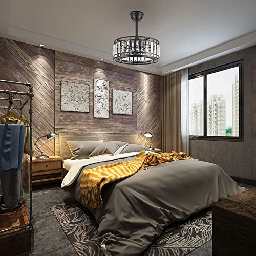 Loyalheartdy 18" Industrial Crystal Ceiling Fan With Led Light Remote Control, 3-Speed Enclosed Caged Ceiling Fan Downrod Mount Metal Black Edison Chandelier Fan With 7 Invisible Blades #TOP2