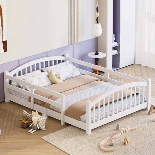 Image of Bellemave Full Size Kids Montessori Floor Bed,Full Size Floor Bed Frame with Slats and Safety Guardrail,Solid Wood Montessori Bed for Girls Boys,White