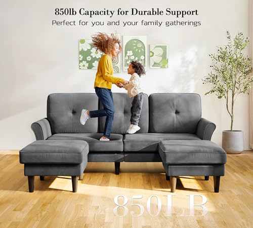 Image of Kidirect Small Sectional Couch, 83 inch U Shaped Couch, Comfy Velvet Couches for Living Room, Tool-Free Setup Modular Sectional Sofa, 850lbs Load Sofas for Living Room with 2 Movable Ottomans, Grey Couch