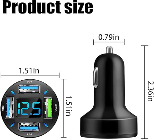 Miniatura 2 de Cargador de coche USB de 4 puertos, carga súper rápida de 66 W con QC 3.0, PD 20 W y adaptador de cargador USB 2.4A, carga rápida con voltímetro