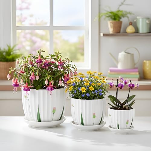 Image of XSTORE Xtore Elegant Ribbed Ceramic Planter Set of 3 with Drainage Tray - Modern Indoor Plant Pots for Home Decor, Succulents, Herbs & Desk Plants - (Pack of 3, Planters Only)