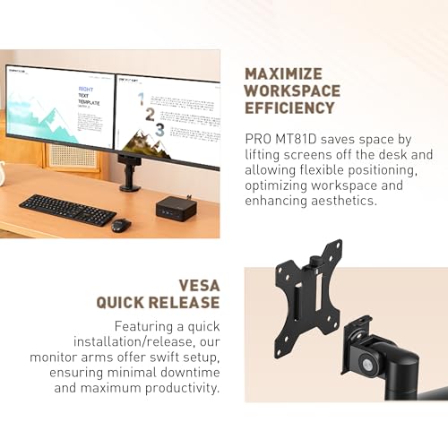 MSI PRO MT81D - Premium Aluminum Dual Monitor Stand Arms, Supports 17-32" & 17.6 lbs per Screen, VESA Compatible, Adjustable Desk Mount, Clamp & Grommet Base, Quick Release Plate - Black - image 2
