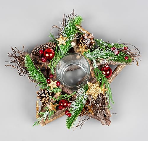 Portavelas votivo con Forma de Estrella de 22 cm, Base de Ramas de Madera Decorada con Bolas Rojas, Bayas, Estrellas de Bronce, follaje, piñas de Pino, decoración de Mesa de Navidad para el hogar