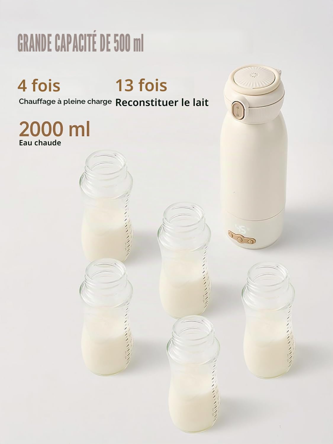 Chauffe biberon nomade, Peut être chauffé, Chauffage rapide en 3 minutes, maintenu au chaud et stérilisé,Grande Capacité de 500ml,Grande batterie de 10400 mAh, Brosse de nettoyage gratuite