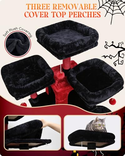 Image of Globlazer Gothic Cat Tree, 80inch Goth Cat Tower for Indoor Cats Multiple Adult Cats XXL Cat Tree Large Cat Tower with Scratching Post, Hammock, 3 Perches, 2 Condos, 2 Hanging Basket, F80, Black Red