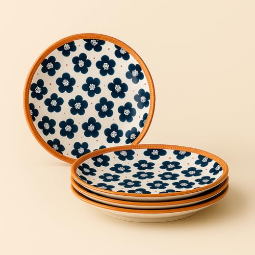 Image of YELONA Ceramic Plate Set of 4 | 8-Inch Floral Print Porcelain Dinner Plates | Japanese Style | Microwave & Dishwasher Safe | 20 CM | Lead-Free Tableware