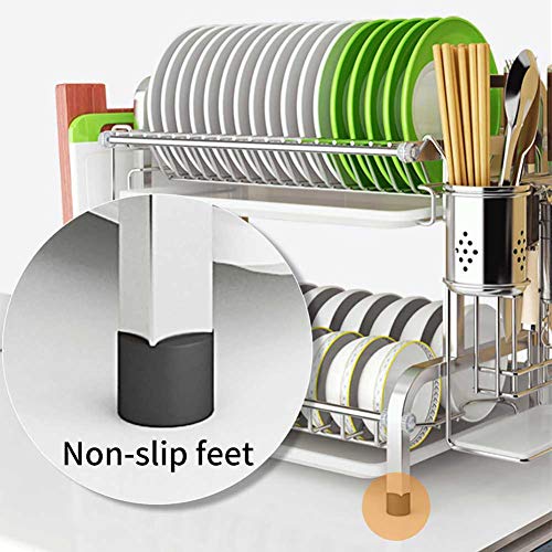 Ocharzy Dish Drying Rack 2 Tier Dish Drainer with Drain Board, Utensil Holder, Cutting Board Holder for Kitchen Counter (Silver) - Thumbnail 2