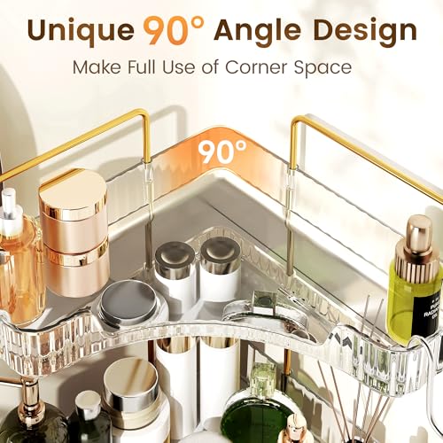 Image of Corner Bathroom Counter Organizer 3-Tier Bathroom Organizer Countertop with Hooks Perfume Organizers Storage Shelf for Makeup & Skincare Dresser-Clear