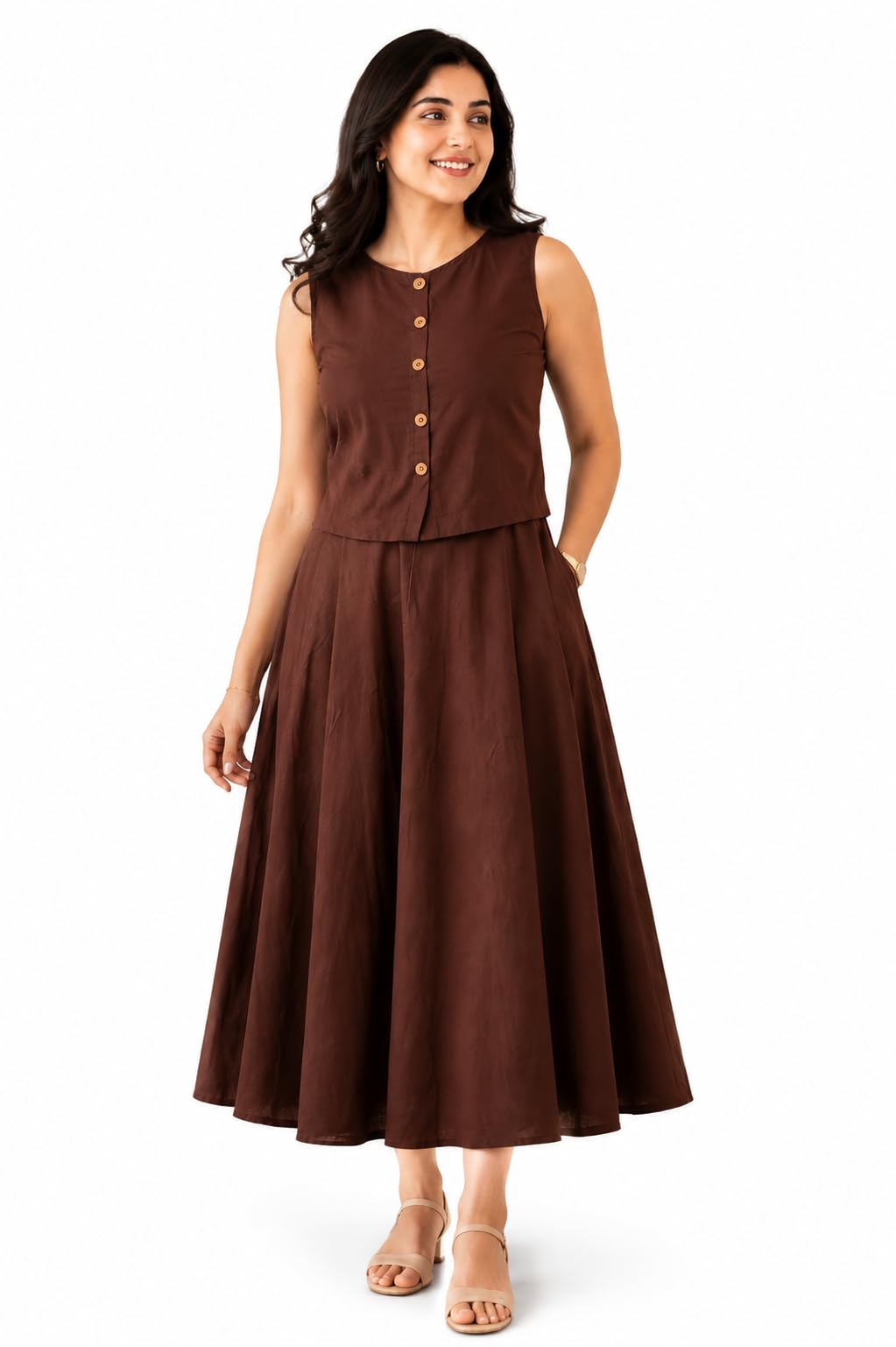 Women's Pure Cotton Sleeveless A-line Crop Top & Flared Skirt Co-Ord Set | Fit-and-Flare | Round Neck Button-Front-image-14