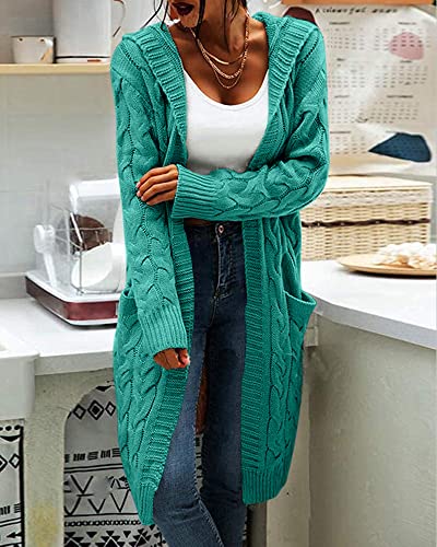 Image of Women Hooded Open Front Cardigan Cable Knit Chunky Long Sweater Coats | solid color, cable knit ,long duster cardigan,chunky coatigan,winter ,falll ,side pockets