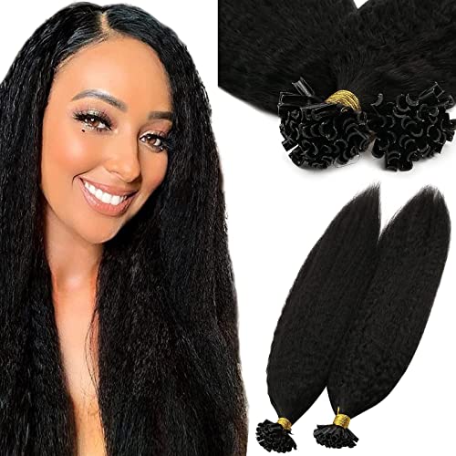 Sunny U Tips Kinky Straight Hair Extensions Human Hair #1B Natural Black Utip Extensions Kinky Straight Hot Fusion Utips Hair Extensions Black U Tip Extensions Curly Utip Human Hair 14inch 50g
