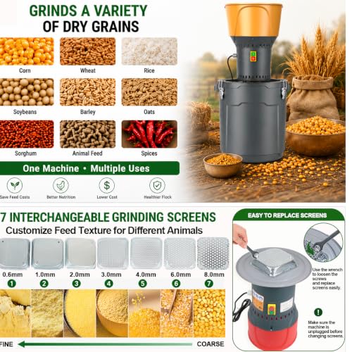 Image of 15.8 Gallon Electric Corn Grinder Mill for Chicken Feed, Grain Mill Grinder with 7 Sieves, Heavy Duty Feed Grinder for Corn, Wheat, Rice, Soybeans, Livestock Feed, Farm & Homestead Use-Yellow