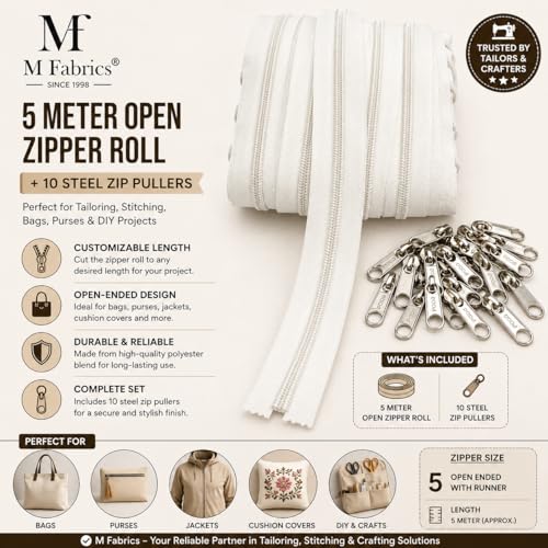 Image of M Fabrics 5 Meters Open Zipper with 10 Steel Zip Puller in Meter for Tailoring, Stitching, Bags and Purse (Open Ended Zips) - (5 Meter Roll + 10 Steel Zips Runner) - (White)
