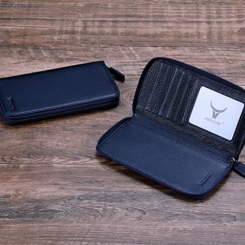 Image of HISCOW Leather Checkbook Cover, Zippered Wallet, Pebbled Blue | Full grain cowhide, 5cc & ID window, personal check book & register pockets, removable duplicate divider, women secure zipper