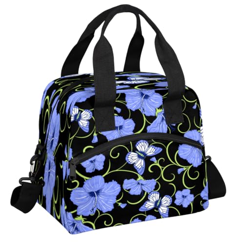 Aglebo Blue Butterfly Flowers Lunch Bag Women Lunch Box for Women Adult Men Reusable Cute Lunch Box Tote Cooler Bags Insulated Portable Lunch Containers for Work, Office, Travel, Picnic