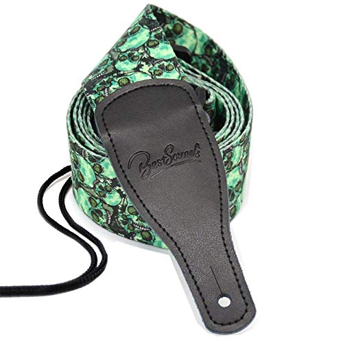 BestSounds Skull Guitar Strap & Genuine Leather Ends Guitar Shoulder Strap,Suitable For Bass, Electric & Acoustic Guitars (Skull Green)