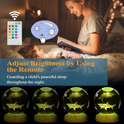 Image of Shark Night Light, 3D Crystal Ball Shark Lamp, Underwater Gifts with 16 Color Remote Upgraded 3.15 Inch Ball for Room Decor Boys Girls Birthday Xmas Cool Figurines Gifts