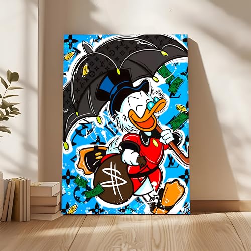 Image of Luxury Cartoon Duck Pop Art Canvas Wall Art Painting For Living Room | Money & Success Theme Street Art Wall Art Painting | Modern Graffiti Style Artwork for Home & Office, 56x86 cm