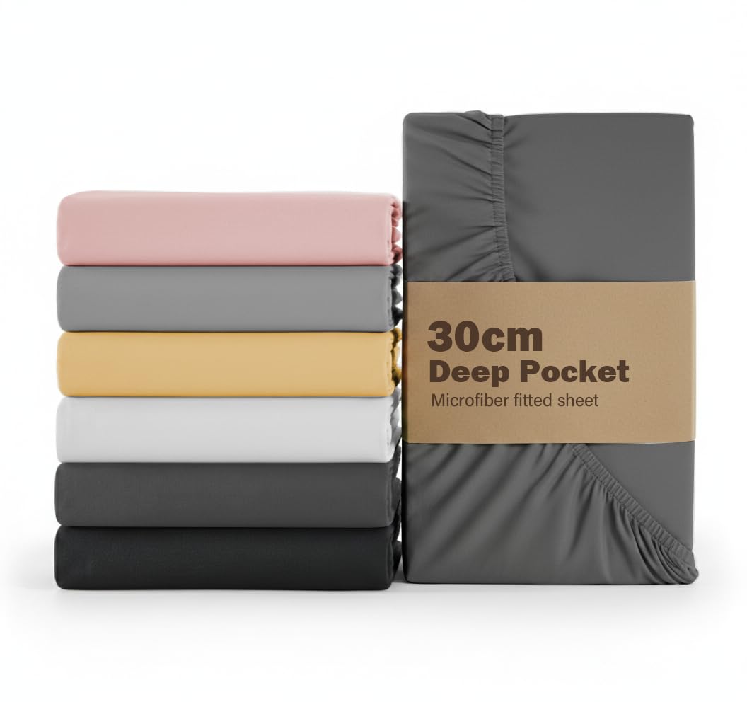 Rehan & Co Single Fitted Sheet Charcoal Deep Pocket 12-Inch (30 Cm) Bed Sheets Super Soft 100% Brushed Microfiber Deep Fitted Sheets (90x190cm)