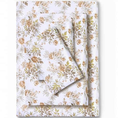 Image of Feather & Stitch Printed 500 TC California King Size 4pc Damask Bed Sheet Set, 100% Soft Cotton Breathable Bedsheets, 18 inch Deep Pockets Sateen Weave Striped Bedding Mattress - Rose Floral