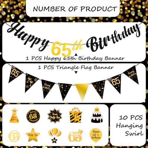 Image of Black&Gold 65th Birthday Decorations, Happy 65th Birthday Banner with 10PCS Hanging Swirls