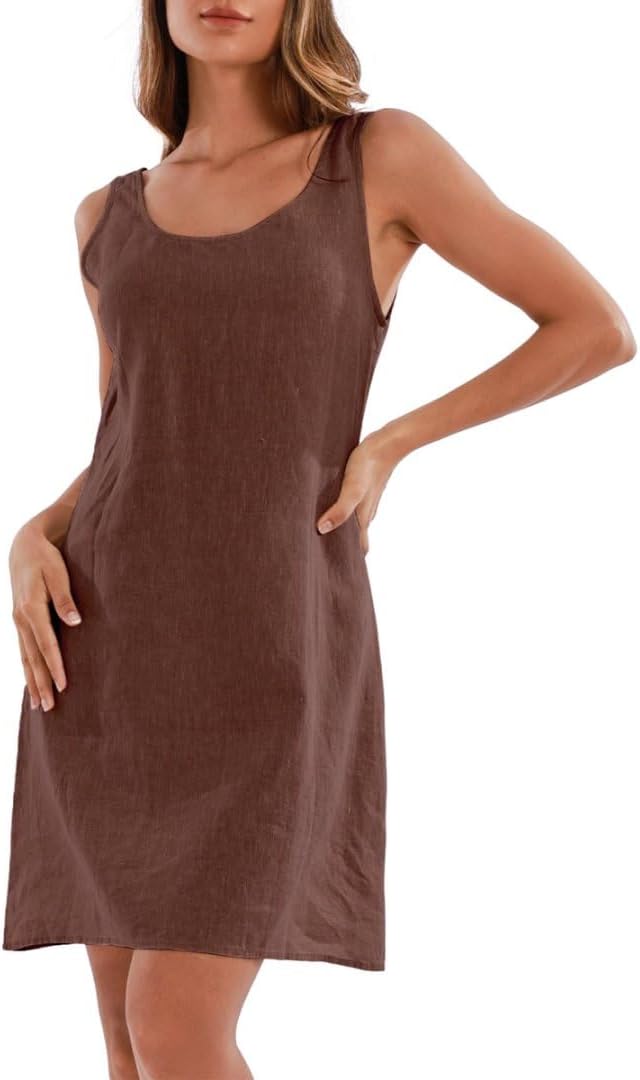 Amazhiyu Women's 100% Linen Summer Casual Sleeveless Mini Shift Tank Dresses