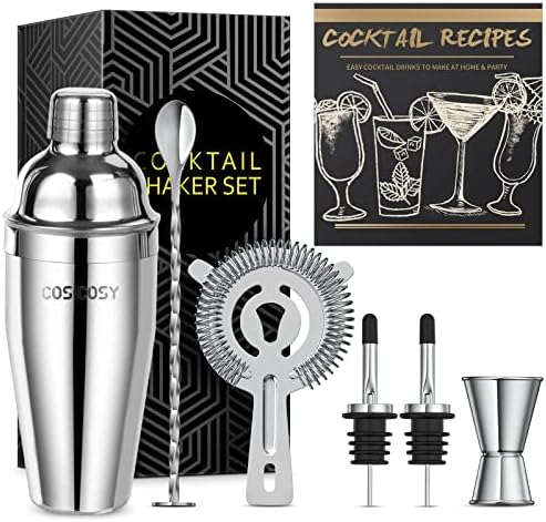 Cocktail Making Set, Cosicosy Cocktail Shaker Set 7 Pcs Professional Stainless Steel Cocktail Accessories Set with Recipes and Bar Accessories for Home Bars and Outdoor Events