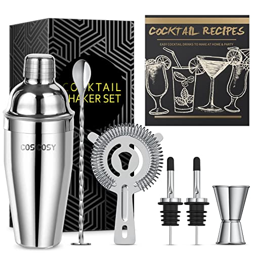 Cocktail Making Set, Cosicosy Cocktail Shaker Set 7 Pcs Professional Stainless Steel Cocktail Accessories Set with Recipes and Bar Accessories for Home Bars and Outdoor Events