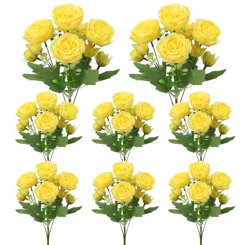 Image of 8 Pack Yellow Peonies Artificial Flowers, Fake Silk Hydrangea Bouquet for Bridal Wedding Home Table Decor Reusable Dining Opening Ceremony Birthday Arrangement Faux Floral