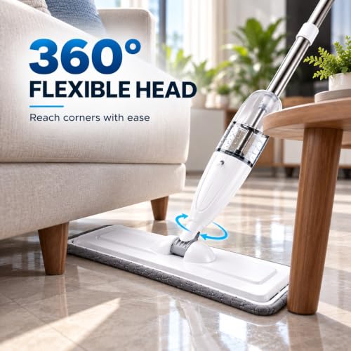 Image of Spray Mop for Floor Cleaning with 360 Degree Rotating Head, 1 Washable Microfiber Pad & Refillable Bottle | Wet & Dry Mop for Home, Kitchen, Wooden & Marble Floors (White)