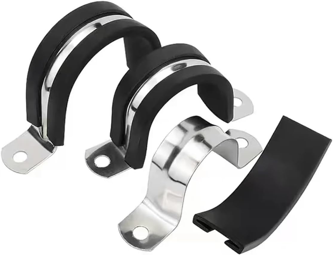 Hose Clamp 50pcs 304 Stainless Steel Rubber Lined R-Type Pipe Installation Wire Riding Card Fixed Hose Clamp(M10)