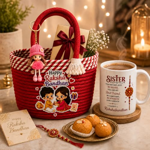 Image of Rakhi Gift Hamper for Sister | Rakhi Bag (Random Color) with Printed Ceramic Coffee Mug | Raksha Bandhan Festive Combo | Designer Hamper | Coffee Mug Set