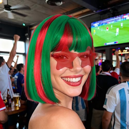 Image of ANOGOL Hair Cap + (Sunglasses) Green Red Bob Wig with Bangs Womens Green Red Party Wigs with Sunglasses Short Neon Wig Fun Wigs Halloween Costume Christmas Hair Sports Event St Patrick Day