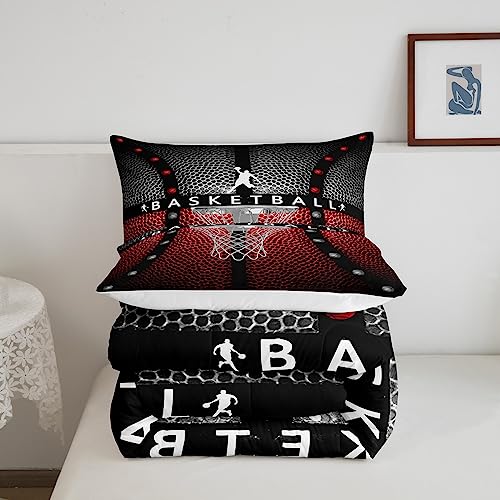 Image of Feelyou Basketball Comforter Set - Toddler Size, Black with Red Comforter, Gaming Bedding Set for Kids Boys Girls Sports Game Duvet Set Quilt