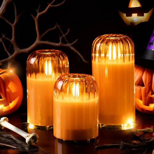 Image of Amber Ribbed Battery Candles - Glass Flameless Candles with Remote Timer, Orange LED Candles with Pumpkin Shape, Lasting 350 Hrs and Brightness Adjustment, Φ 3 inch H 4 inch 6 inch, Set of 3 for Halloween Decor