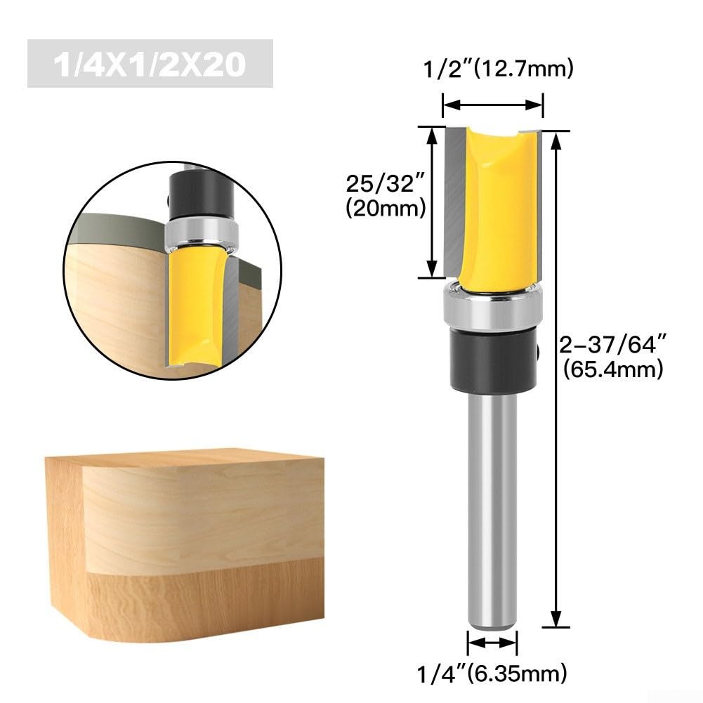 1/4 Inch Shank Flush Trim Router Bit Woodworking Engraving Trimming Machine Pattern Cutter Template Milling Tool Yellow Silver Black 10mm 20mm(1/4 * 1/2 * 20)