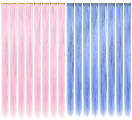 Zeekk 16 Pcs 21 Inch Colored (Light Pink + Light Blue) Clip In Hair Extension, Straight Synthetic Hairpieces, Halloween Cosplay Party Christmas New Year Hair Accessories Gift For Teen Girls Kids. #TOP7
