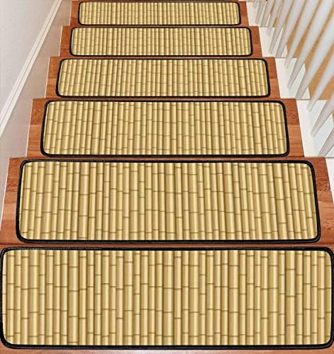 Stair Treads Carpet Set of 13 Realistic 3D Bamboo Texture Brown Bamboo Stick Seamless Bamboo Vintage Non-Slip Self-Adhesive Safety Rug Stair Mats Step Runner Indoor Wooden Steps for Kids Dogs 30"x8"