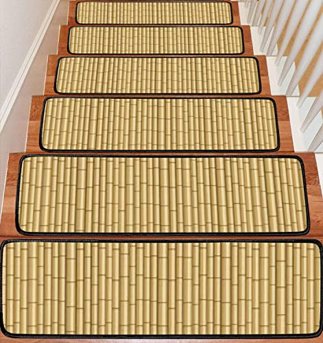 Stair Treads Carpet Set Of 13 Realistic 3D Bamboo Texture Brown Bamboo Stick Seamless Bamboo Vintage Non-Slip Self-Adhesive Safety Rug Stair Mats Step Runner Indoor Wooden Steps For Kids Dogs 30"X8" #TOP7