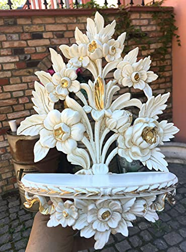 Console murale baroque - 35 cm x 27 cm x 11 cm - Étagère pour fleurs - Ivoire/doré