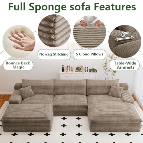 Image of 107 inch Cloud Couch Modular Sectional Sofa for Living Room, U-Shape Boneless Couch with Deep Seat, Modern Corduroy 3-Seater with Ottoman, No Assembly Required (Camel,Right-Facing Chaise)