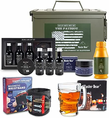 Gift for Men | 50 Cal Metal Ammo Cans Gift Box Shaving Grooming Set Collection for Him | Fathers Day Holiday Christmas Gift Ideas with Glass Skull Beer Mug, Magnetic Wristband, Hand Cream, Body Wash