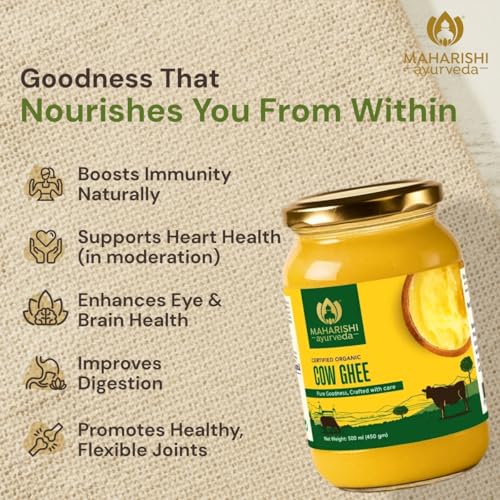 Image of Maharishi Ayurveda Organic Desi Cow Ghee - 500ml, Pack of 2 | Lab Tested | 100% Pure & Natural, Grass-Fed Cow Ghee in Glass Jar, Rich Aroma