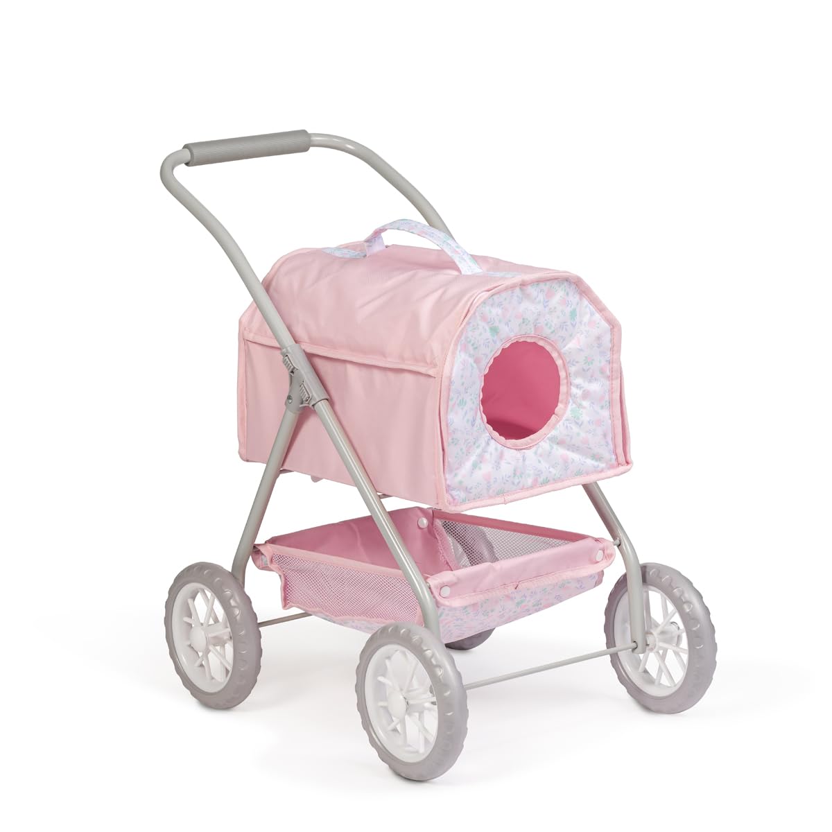 JC Toys – Carro de Paseo para Mascotas, con Cesta, transportín extraíble para muñecas y Peluches hasta 51 cm, Ideal para Jugar y pasear, Rosa, Colección Floral, diseñado por Berenguer, +3 años